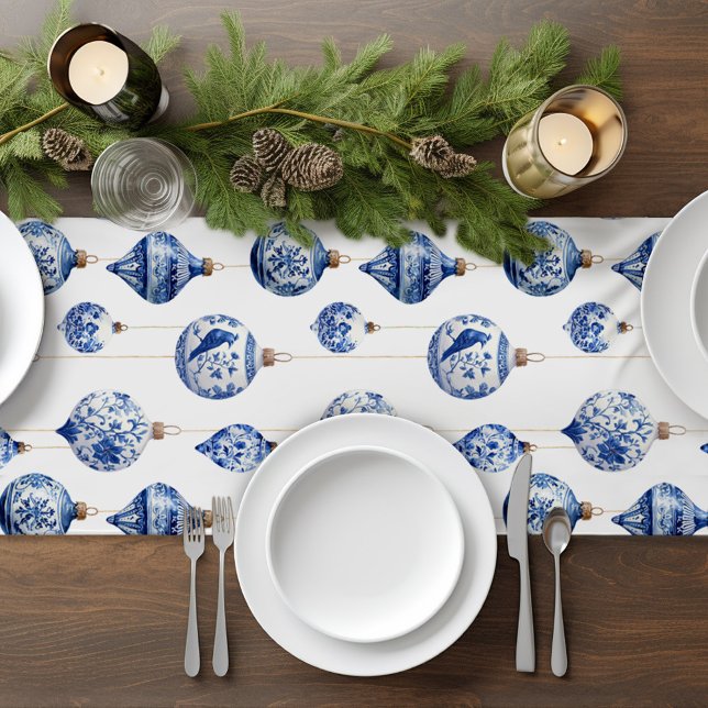 Chinoiserie Blue Ornaments Christmas  Short Table Runner (Chinoiserie blue and white ornament table runner)