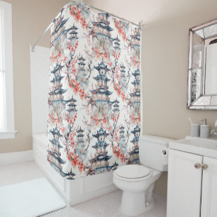 Chinoiserie Blue Pagoda Pink Blossom Floral