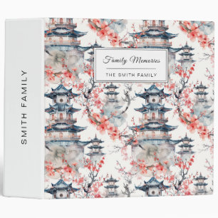 Chinoiserie Blue Pagoda Pink Blossom Floral Binder