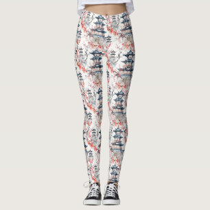 Chinoiserie Blue Pagoda Pink Blossom Floral Leggings