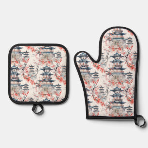 Chinoiserie Blue Pagoda Pink Blossom Floral Oven Mitt & Pot Holder Set