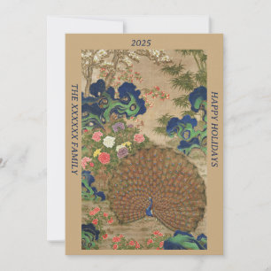 Chinoiserie Blue Peacock with Exotic Flower Garden Holiday Card