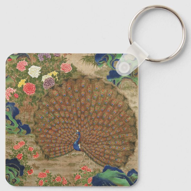 Chinoiserie Blue Peacock with Exotic Flower Garden Keychain (Back)