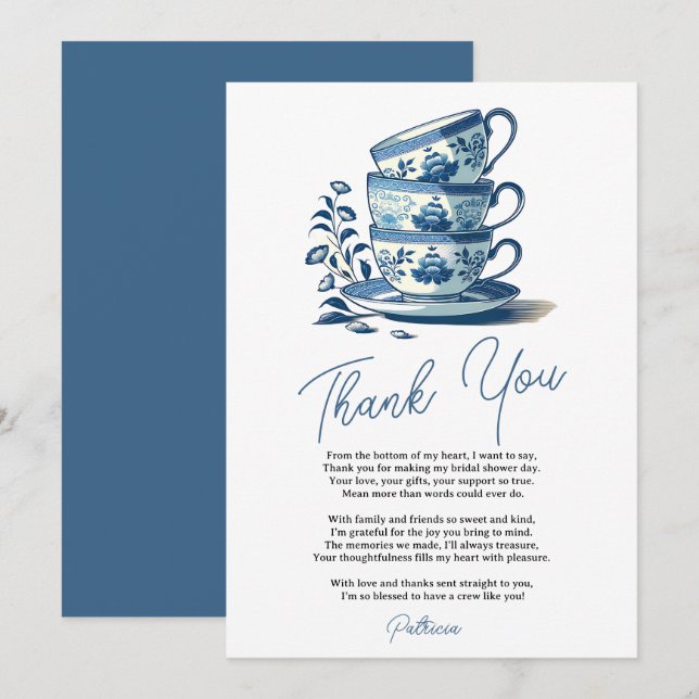 Chinoiserie Blue Stacked Teacups Bridal Shower Tea Thank You Card (Front/Back)