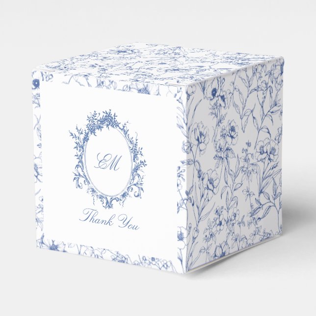 Chinoiserie Blue Toile Floral Crest Wedding Favor Box (Front Side)
