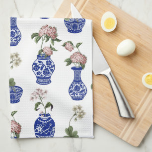 Chinoiserie blue vases and flowers  kitchen towel