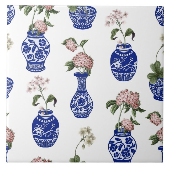 Chinoiserie blue vases and flowers  tile (Front)