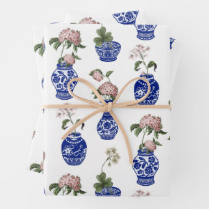 Chinoiserie blue vases and flowers wrapping paper sheet
