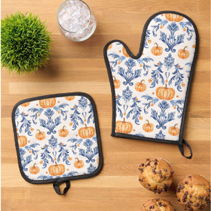  Chinoiserie Blue White Autumn Orange Pumpkins Oven Mitt & Pot Holder Set