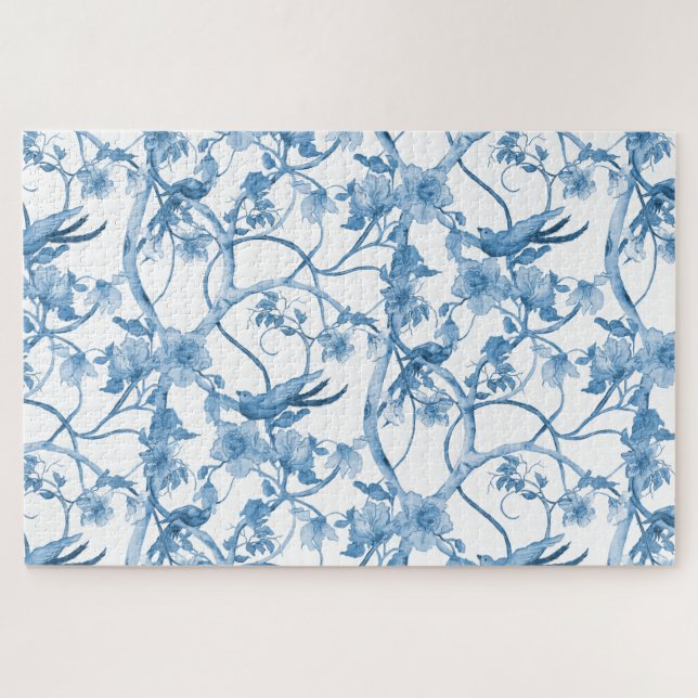 Chinoiserie Blue White Bird Floral Asian Influence Jigsaw Puzzle (Horizontal)