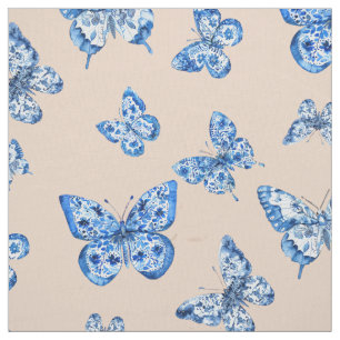 Chinoiserie Blue White Butterfly Blush Background Fabric