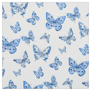 Chinoiserie Blue White Butterfly  Fabric