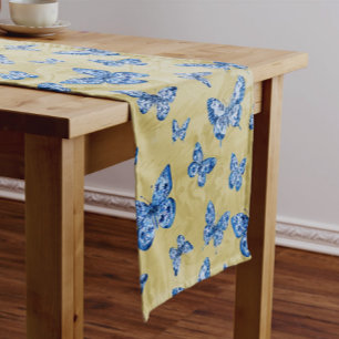 Chinoiserie Blue White Butterfly Faded Damask Medium Table Runner