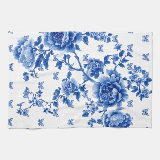 Chinoiserie Blue White Butterfly Roses  Kitchen Towel (Horizontal)