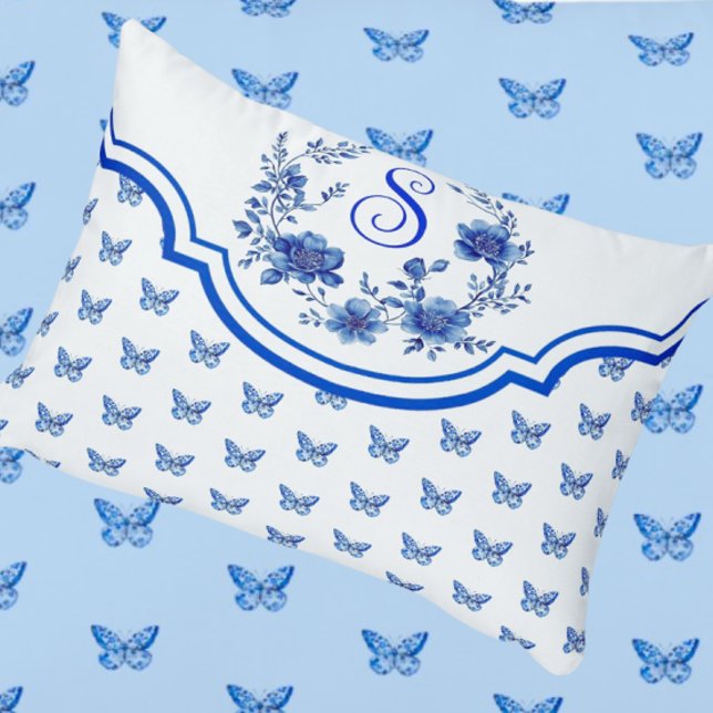  Chinoiserie Blue White Butterfly Roses Monogram Accent Pillow (Monogram for someone special!)
