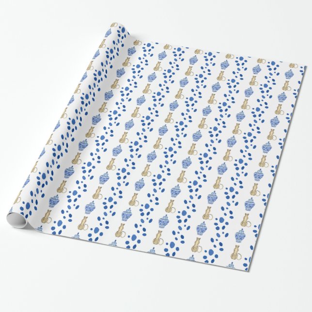 Chinoiserie Blue & White Cheetah Gift Wrap (Unrolled)