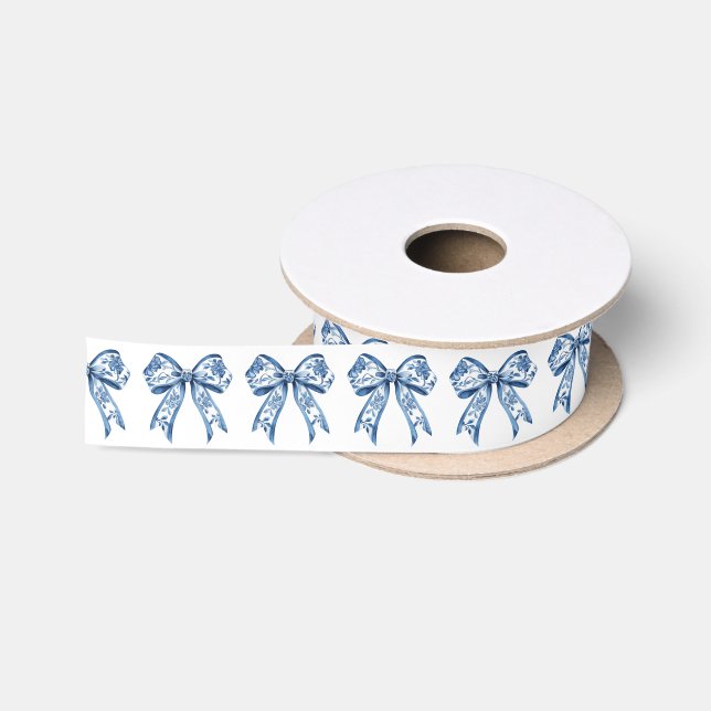 Chinoiserie Blue White Christmas Bows Satin Ribbon (Spool)