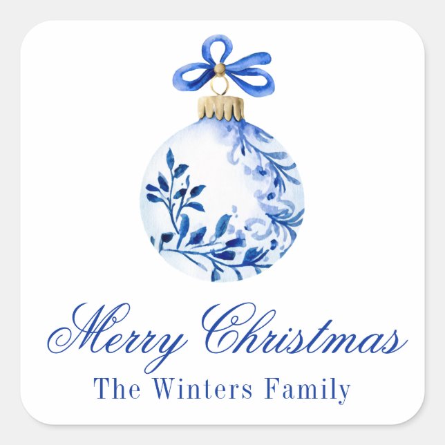 Chinoiserie Blue & White Christmas Ornament Gift Square Sticker (Front)