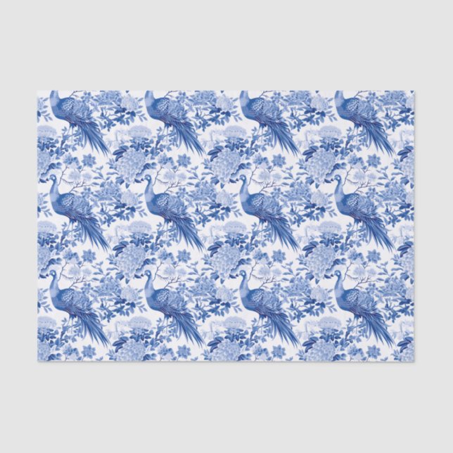 Chinoiserie Blue & White Floral Asian Birds Tissue Paper (Front)