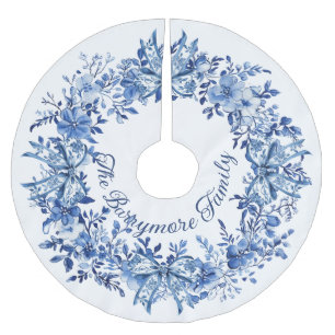 Chinoiserie Blue White Floral Christmas Bows Brushed Polyester Tree Skirt