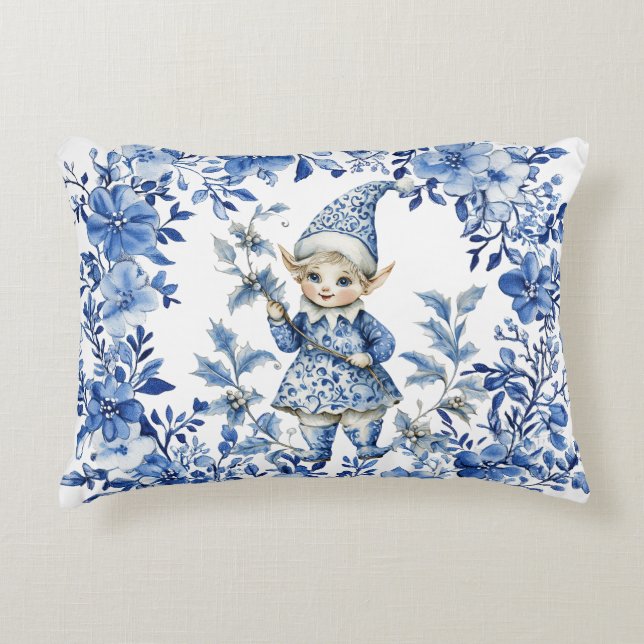 Chinoiserie Blue White Floral Christmas Elf Accent Pillow (Front)