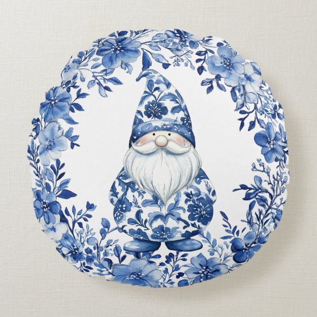 Chinoiserie Blue White Floral Christmas Gnome Round Pillow (Front)