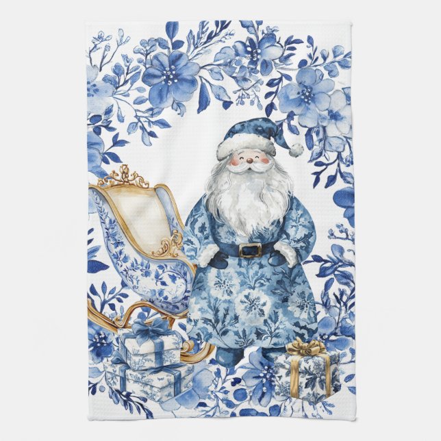 Chinoiserie Blue White Floral Christmas Santa Kitchen Towel (Vertical)