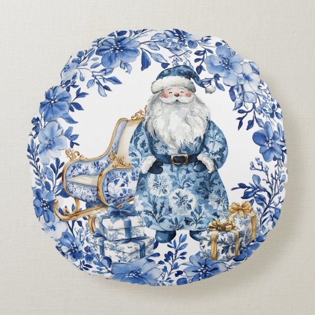 Chinoiserie Blue White Floral Christmas Santa Round Pillow (Front)