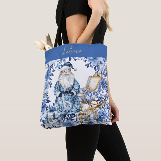 Chinoiserie Blue White Floral Christmas Santa Tote Bag (Close Up)