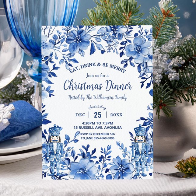 Chinoiserie Blue White Floral Nutcracker Christmas Invitation (Creator Uploaded)