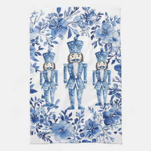 Chinoiserie Blue White Floral Nutcracker Christmas Kitchen Towel