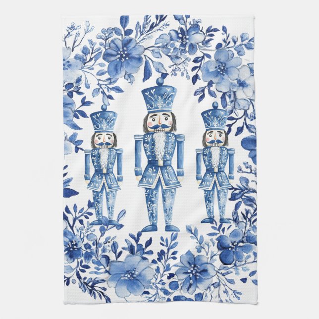 Chinoiserie Blue White Floral Nutcracker Christmas Kitchen Towel (Vertical)