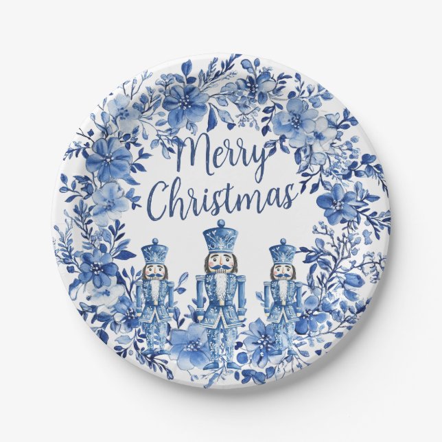 Chinoiserie Blue White Floral Nutcracker Soldiers Paper Plate (Front)