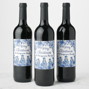 Chinoiserie Blue White Floral Nutcracker Soldiers Wine Label