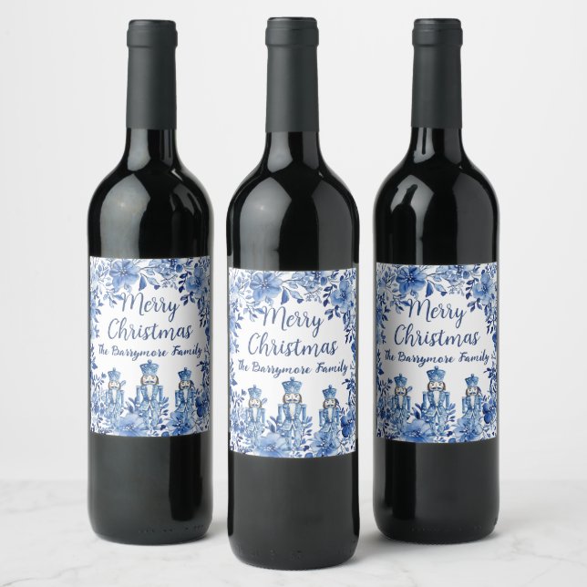 Chinoiserie Blue White Floral Nutcracker Soldiers Wine Label (Bottles)