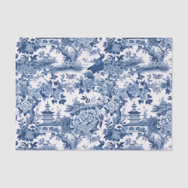 Chinoiserie Blue White Floral Painting Decoupage Tissue Paper (Front)