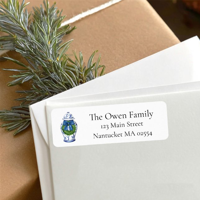 Chinoiserie Blue White Ginger Jar Adresse de retou (Ginger jar wreath christmas return address label)