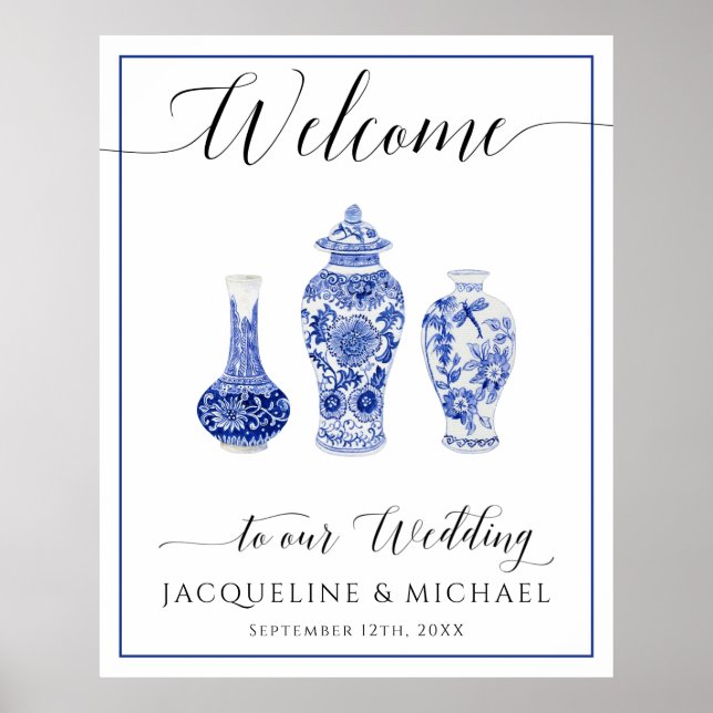 Chinoiserie Blue White Ginger Jar Welcome Wedding Poster (Front)