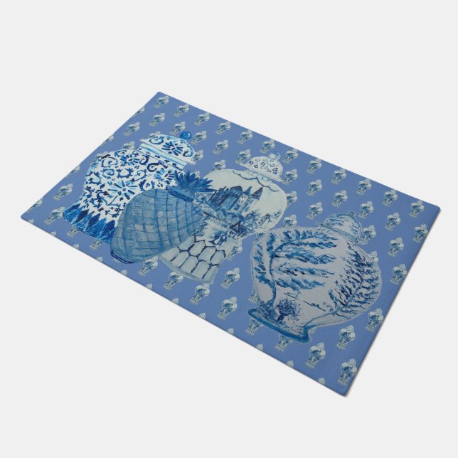 Chinoiserie Blue White Ginger Jars Doormat (Angled)