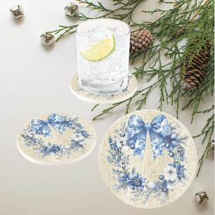 Chinoiserie Blue White Holiday Wreath Coaster
