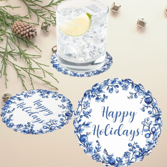 Chinoiserie Blue White Holly Leaf Personalized Paper Coaster (Personalize these paper coaster for your party or as a hostess gift.)
