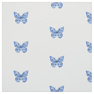 Chinoiserie Blue White Little Butterfly  Fabric