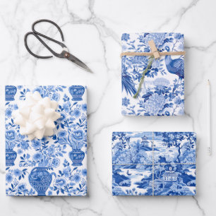 Chinoiserie Blue & White Pagodas Ginger Jars Birds Wrapping Paper Sheet