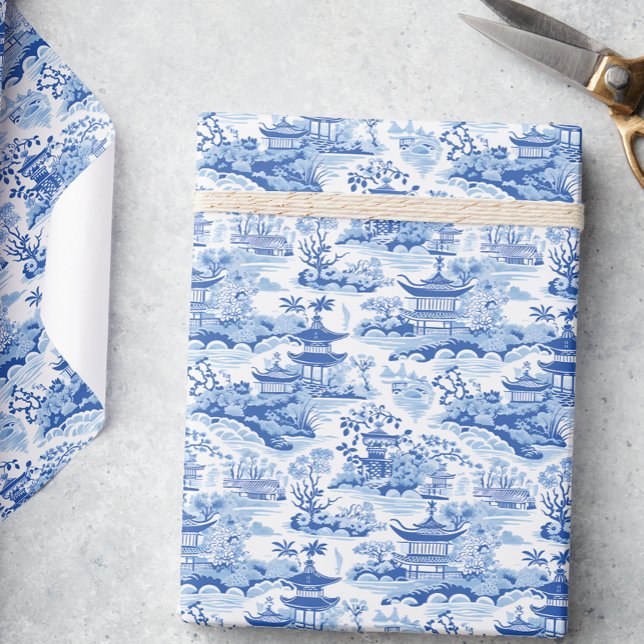 Chinoiserie Blue & White Pagodas Wrapping Paper (Creator Uploaded)