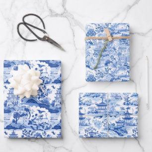 Chinoiserie Blue & White Pagodas Wrapping Paper Sheet