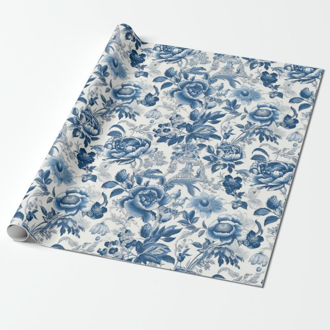 Chinoiserie Blue White Peonies Floral Decoupage Wrapping Paper (Unrolled)