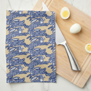 Chinoiserie Blue White Tan Rabbit Bunny Pattern Kitchen Towel
