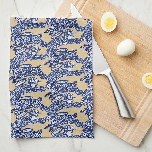 Chinoiserie Blue White Tan Rabbit Bunny Pattern Kitchen Towel (Quarter Fold)