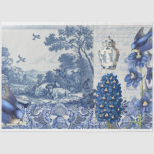 Chinoiserie Blue White Toile Floral Script Collage Tissue Paper