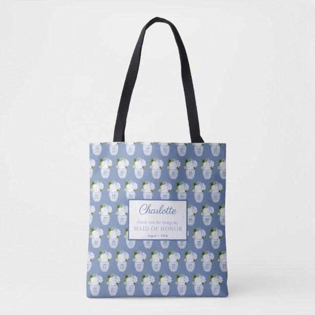 Chinoiserie Blue White Wedding Monogram Thank You Tote Bag (Front)